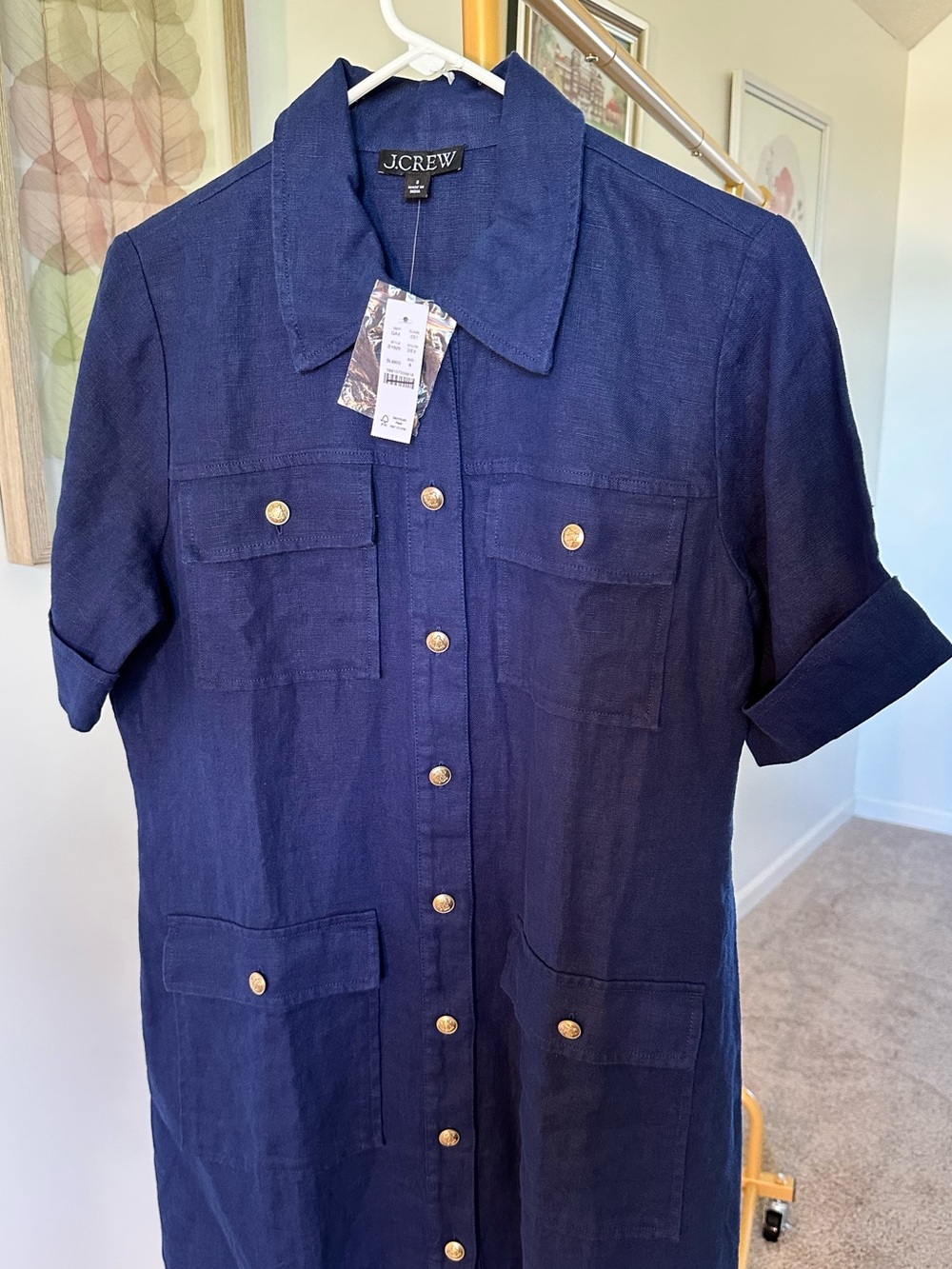 J.Crew Navy Short-Sleeve Button-Front Utility Linen Dress NWT - Size 8